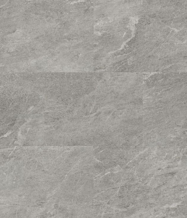 Sterling Quartzite LVT sample showing mid-gray tones with fissures and veins